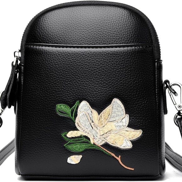 Handbags - Women Crossbody Bag PU Leather Magnolia Embroidery Cell Phone Purse